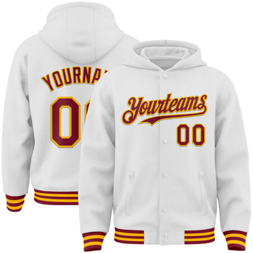 Custom White Crimson-Gold Bomber Full-Snap Varsity Letterman Hoodie Jacket