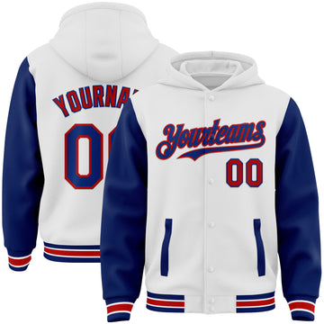 Custom White Royal-Red Bomber Full-Snap Varsity Letterman Two Tone Hoodie Jacket