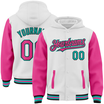 Custom White Pink Black-Aqua Bomber Full-Snap Varsity Letterman Two Tone Hoodie Jacket