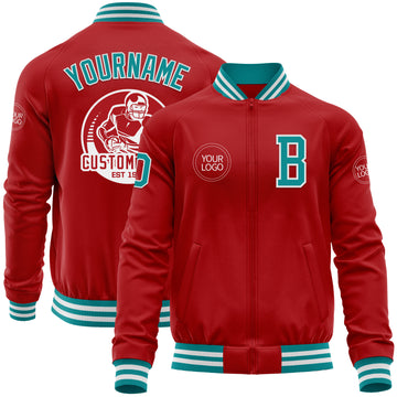 Custom Red Teal-White Bomber Varsity Letterman Zipper Jacket