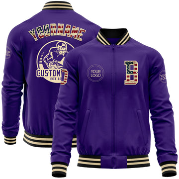 Custom Purple Vintage USA Flag Cream-Black Bomber Varsity Letterman Zipper Jacket