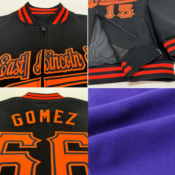 Custom Purple Black-Old Gold Bomber Varsity Letterman Zipper Jacket