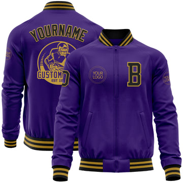 Custom Purple Black-Old Gold Bomber Varsity Letterman Zipper Jacket