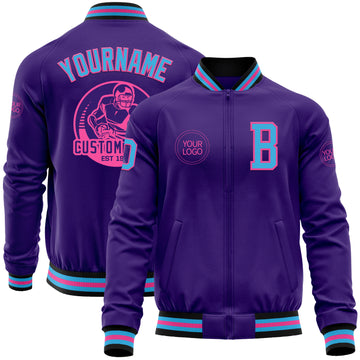 Custom Purple Sky Blue Pink-Black Bomber Varsity Letterman Zipper Jacket