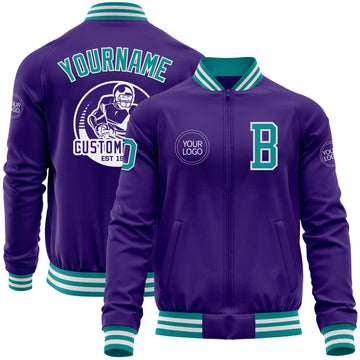 Custom Purple Teal-White Bomber Varsity Letterman Zipper Jacket