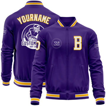 Custom Purple White-Gold Bomber Varsity Letterman Zipper Jacket