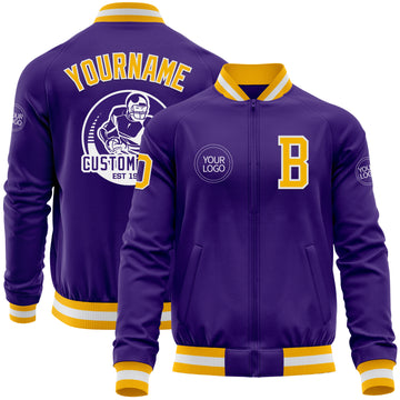 Custom Purple Gold-White Bomber Varsity Letterman Zipper Jacket