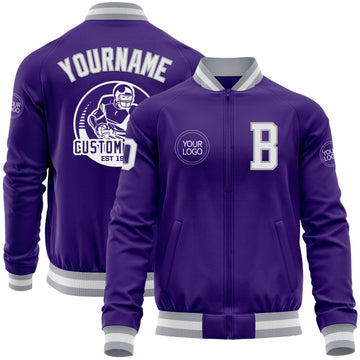 Custom Purple White-Gray Bomber Varsity Letterman Zipper Jacket