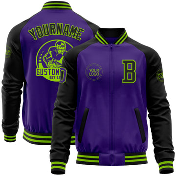 Custom Purple Black-Neon Green Bomber Varsity Letterman Two Tone Zipper Jacket