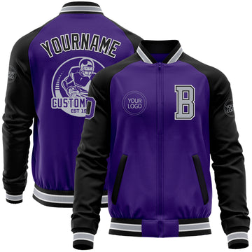 Custom Purple Black-Gray Bomber Varsity Letterman Two Tone Zipper Jacket