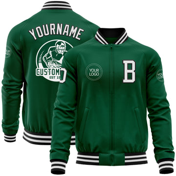 Custom Kelly Green White-Black Bomber Varsity Letterman Zipper Jacket