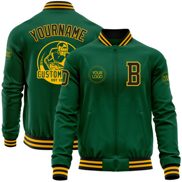 Custom Kelly Green Black-Gold Bomber Varsity Letterman Zipper Jacket