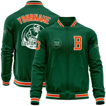 Custom Kelly Green Orange-White Bomber Varsity Letterman Zipper Jacket