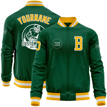 Custom Kelly Green Gold-White Bomber Varsity Letterman Zipper Jacket