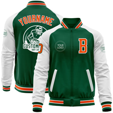 Custom Kelly Green Orange-White Bomber Varsity Letterman Two Tone Zipper Jacket