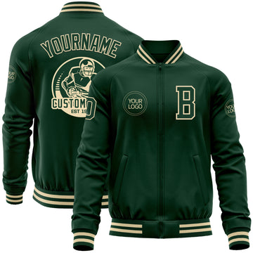 Custom Green Cream Bomber Varsity Letterman Zipper Jacket