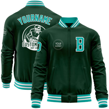 Custom Green Aqua-White Bomber Varsity Letterman Zipper Jacket