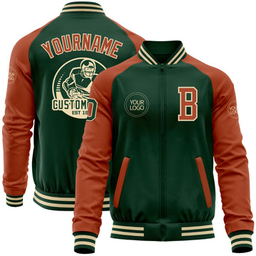 Custom Green Texas Orange-Cream Bomber Varsity Letterman Two Tone Zipper Jacket