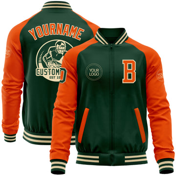 Custom Green Orange-Cream Bomber Varsity Letterman Two Tone Zipper Jacket