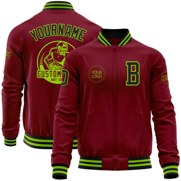 Custom Crimson Black-Neon Green Bomber Varsity Letterman Zipper Jacket