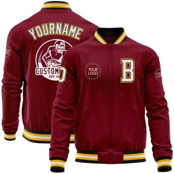 Custom Crimson Black-Gold Bomber Varsity Letterman Zipper Jacket