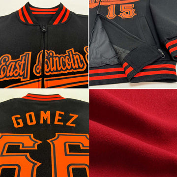 Custom Crimson Black-Orange Bomber Varsity Letterman Zipper Jacket