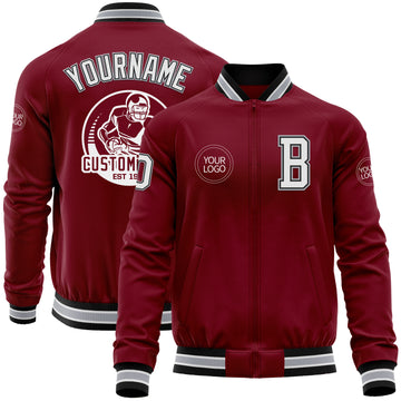 Custom Crimson Black-Gray Bomber Varsity Letterman Zipper Jacket