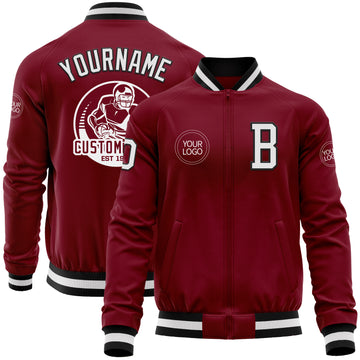 Custom Crimson White-Black Bomber Varsity Letterman Zipper Jacket