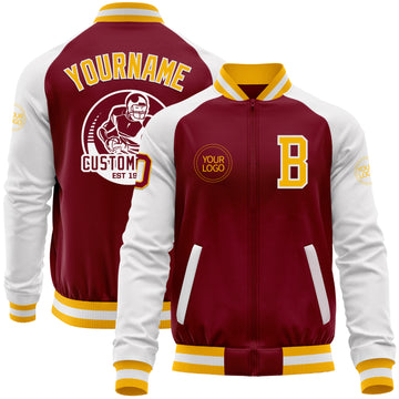 Custom Crimson Gold-White Bomber Varsity Letterman Two Tone Zipper Jacket