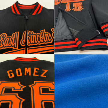 Custom Powder Blue Orange-Royal Bomber Varsity Letterman Two Tone Zipper Jacket