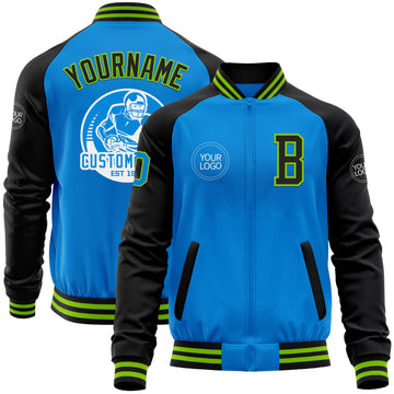 Custom Powder Blue Neon Green-Black Bomber Varsity Letterman Two Tone Zipper Jacket