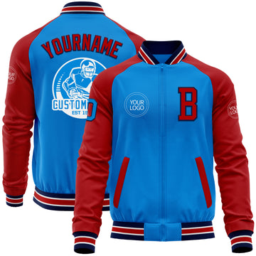 Custom Powder Blue Navy-Red Bomber Varsity Letterman Two Tone Zipper Jacket