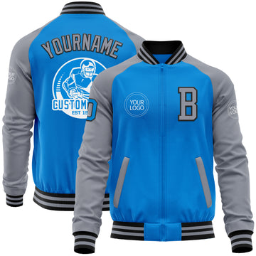 Custom Powder Blue Black-Gray Bomber Varsity Letterman Two Tone Zipper Jacket