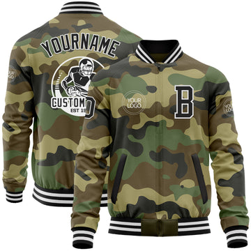 Custom Camo Black-White Bomber Varsity Letterman Salute To Service Zipper Jacket