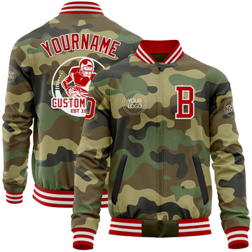 Custom Camo Red-White Bomber Varsity Letterman Salute To Service Zipper Jacket