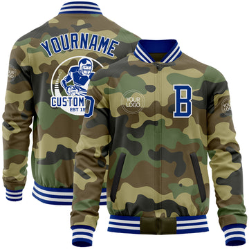 Custom Camo Royal-White Bomber Varsity Letterman Salute To Service Zipper Jacket