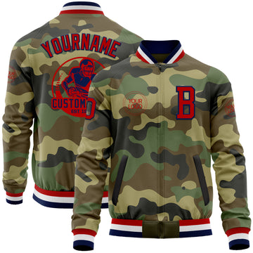 Custom Camo Red-Navy Bomber Varsity Letterman Salute To Service Zipper Jacket