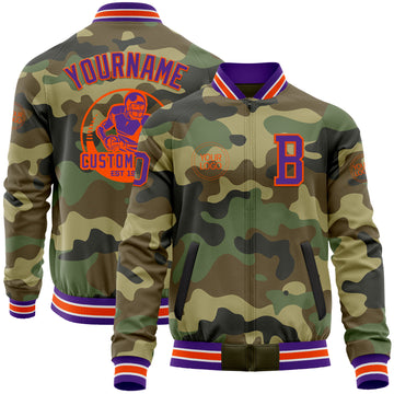 Custom Camo Purple-Orange Bomber Varsity Letterman Salute To Service Zipper Jacket