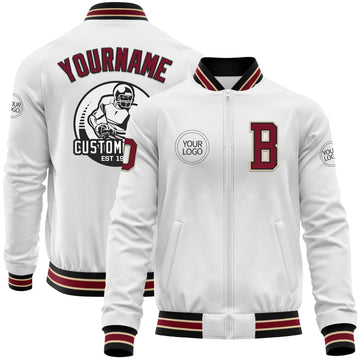 Custom White Crimson Black-City Cream Bomber Varsity Letterman Zipper Jacket