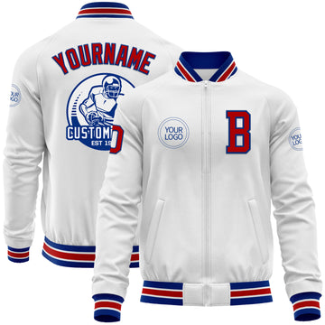 Custom White Red-Royal Bomber Varsity Letterman Zipper Jacket