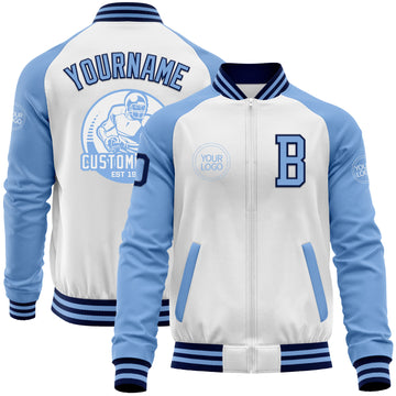 Custom White Navy-Light Blue Bomber Varsity Letterman Two Tone Zipper Jacket