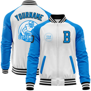 Custom White Black-Powder Blue Bomber Varsity Letterman Two Tone Zipper Jacket