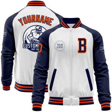 Custom White Orange-Navy Bomber Varsity Letterman Two Tone Zipper Jacket