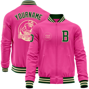 Custom Pink Green-Cream Bomber Varsity Letterman Zipper Jacket