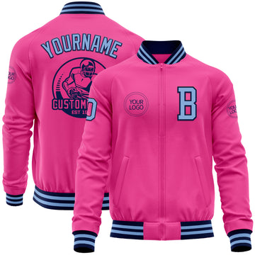 Custom Pink Light Blue-Navy Bomber Varsity Letterman Zipper Jacket