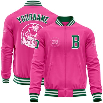 Custom Pink Kelly Green-White Bomber Varsity Letterman Zipper Jacket