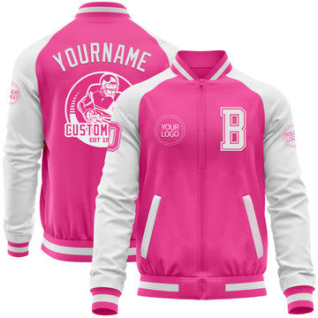 Custom Pink White Bomber Varsity Letterman Two Tone Zipper Jacket