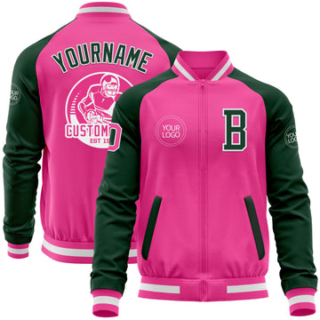 Custom Pink White-Green Bomber Varsity Letterman Two Tone Zipper Jacket