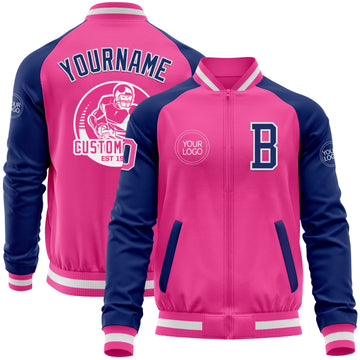 Custom Pink White-Royal Bomber Varsity Letterman Two Tone Zipper Jacket