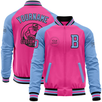 Custom Pink Black-Light Blue Bomber Varsity Letterman Two Tone Zipper Jacket